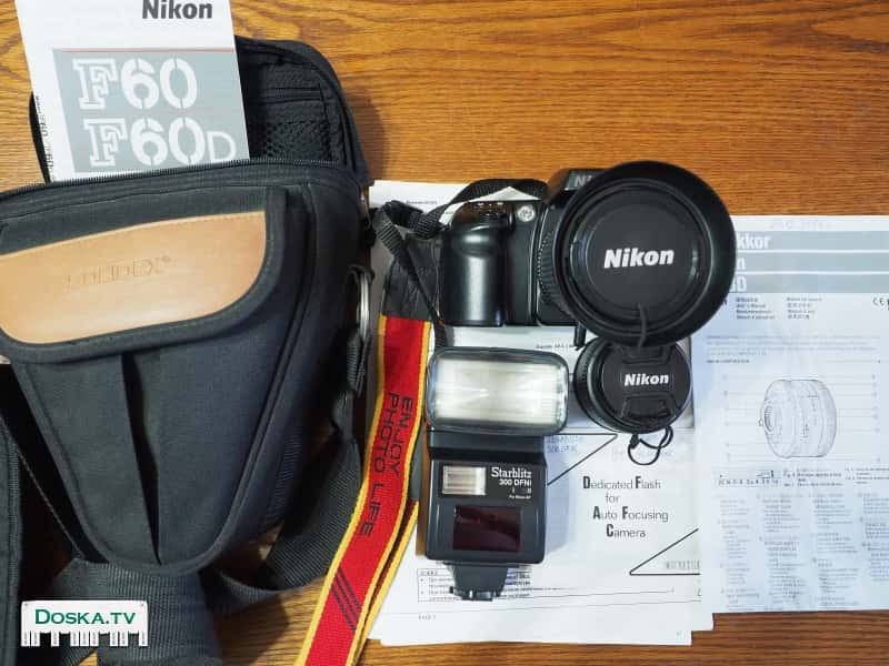 фотоаппарат плёночный nikon f60.объектив 28-80/3,5-5,6d+50/1,8d.вспышка starblitz 300dfni.чехол solidex.всё в отличном